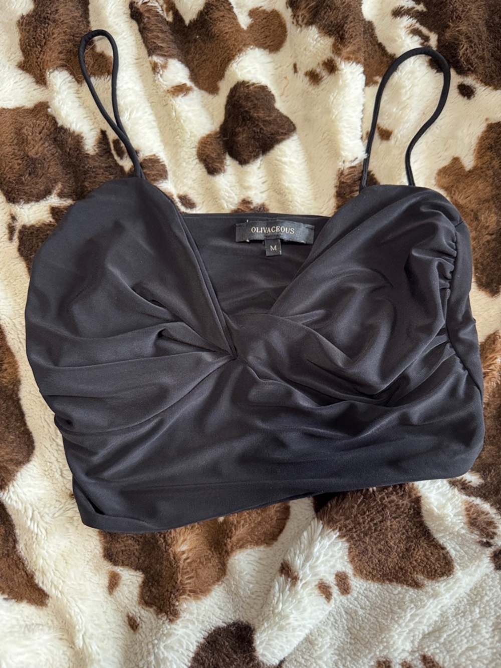 Olivaceous Black Satin Ruched Spaghetti-Strap Cami Top